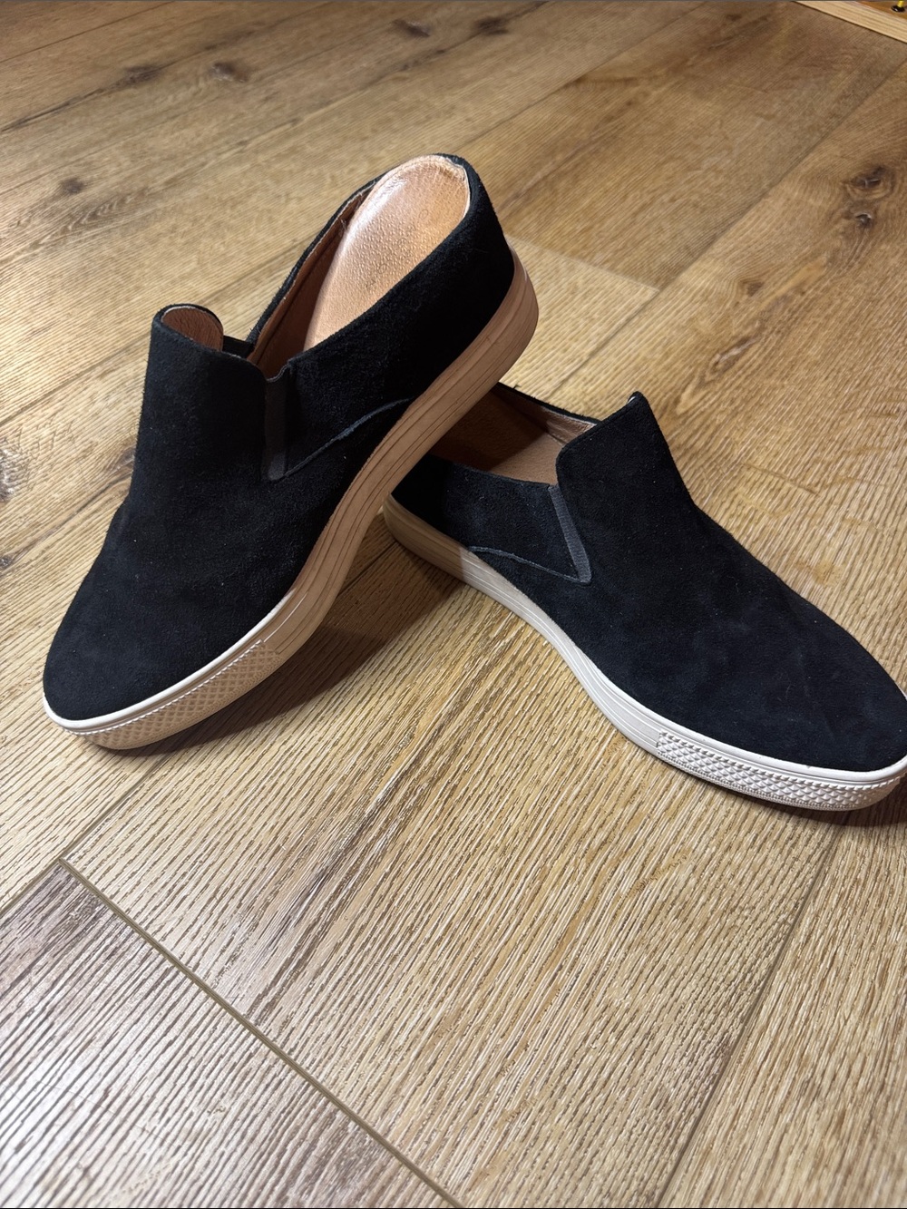 Caslon Black Suede Slip-On Mules with Tan Sole